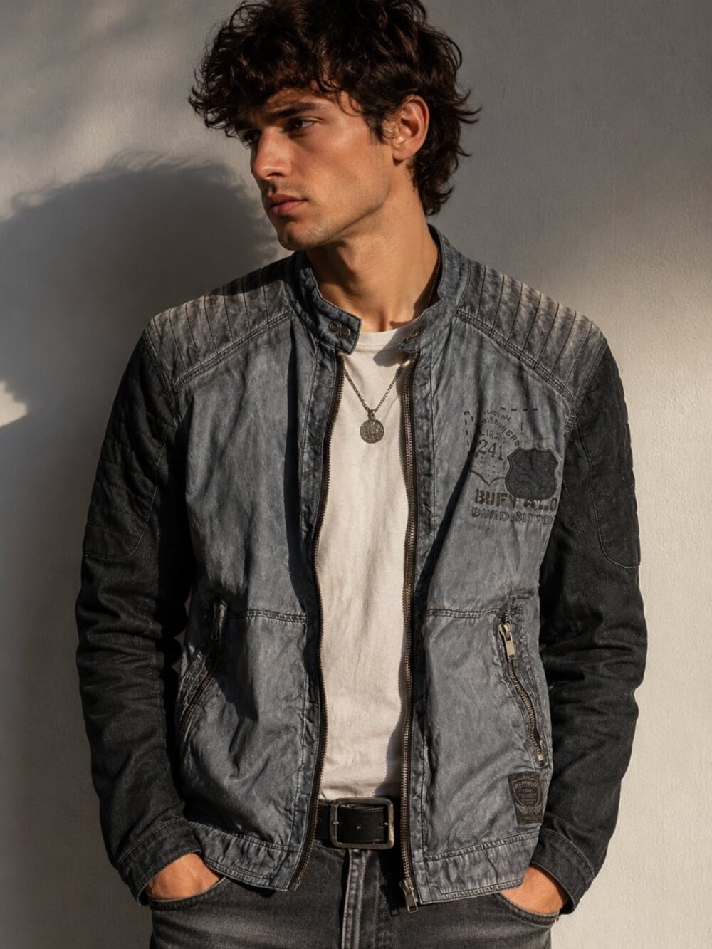 Buffalo David Bitton Moto Jacket M Gray Black Distressed Biker Y2K Grunge